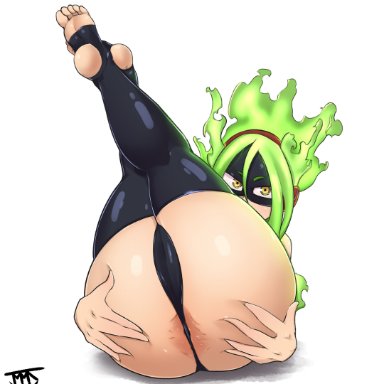 1girls, anus, ass, ass focus, big ass, big butt, burnin (my hero academia), eye contact, female, flame hair, green hair, high resolution, jmvmaa, large ass, looking at viewer