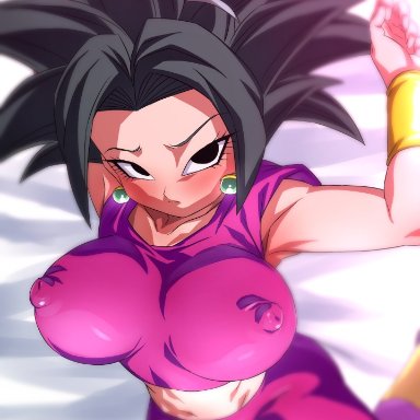 1girls, breasts, dragon ball, dragon ball super, erect nipples, erect nipples under clothes, fusion, huge breasts, kefla, nipple bulge, potara earrings, rom, shounen jump, solo, solo female