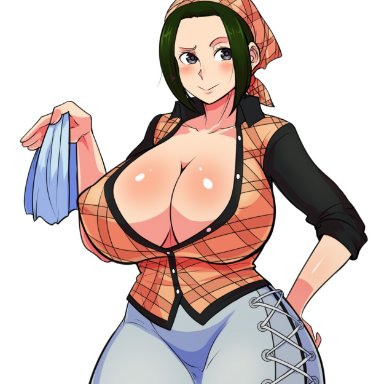 1girls, bandana, breasts, cleavage, clothed, clothed female, female, female focus, female only, green hair, grey eyes, huge breasts, large breasts, makino, nipple bulge
