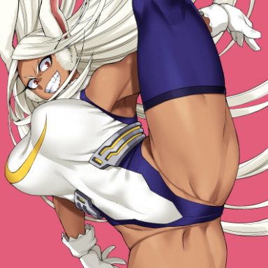 animal ears, ass, bare shoulders, bnc (bunshi), breasts, bunny ears, female, gloves, grin, leotard, long hair, looking at viewer, miruko, my hero academia, pink background