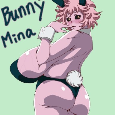 1girls, big breasts, bunny ears, bunnysuit, hi res, huge breasts, lingerie, mina ashido, my hero academia, pink hair, pink skin, sacaprico, sagging breasts, sideboob, solo