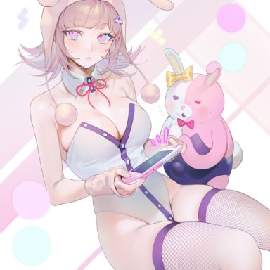 big breasts, bunny ears, bunnysuit, cleavage, color, colored, danganronpa, danganronpa 2: goodbye despair, fishnets, hair ornament, high resolution, highres, holding object, light-skinned female, looking st viewer