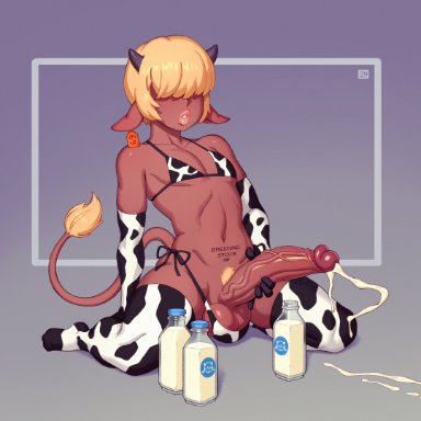 1boy, absurdres, animal ears , balls, big penis, bikini, blonde hair, cow boy, cow ears, cow print, cum in container, dark skin, erection, femboy, girly