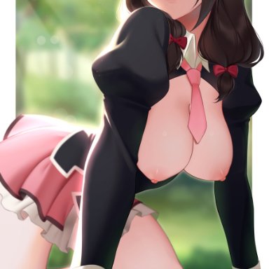 all fours, areolae, bangs, bare legs, black hair, blurry, blurry background, blush, border, bow, breasts, breasts outside, commentary, eyebrows visible through hair, female