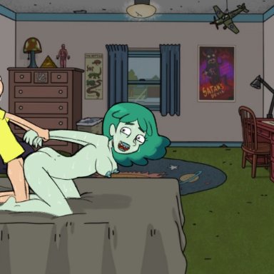 ass, bed, breasts, cesarean pizza, female, green hair, male, morty smith, nipples, nude, planetina, rick and morty, sex