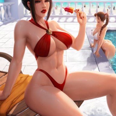 2girls, abs, ass, avatar the last airbender, azula, beach, big breasts, bikini, dark hair, female, gold, hair ornament, large breasts, lips, lipstick