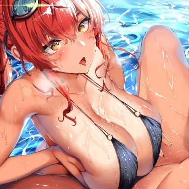 1boy, absurdres, azur lane, bangs, bare shoulders, belko, bikini, black bikini, blush, breast squeeze, breasts, cleavage, collarbone, cum, cum on body