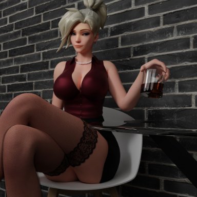 3d, ass, business suit, business woman, busty, crossed legs, drink, gelzy, mercy, overwatch, solo, solo female, solo focus