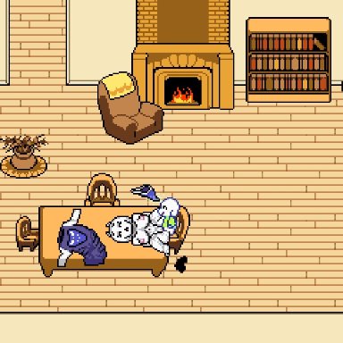 animated, asriel dreemurr, clothes on floor, cub, hi res, incest, larger female, mayin, mother, mother and son, on table, pixel art, size difference, smaller female, son