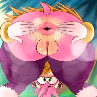 1girl, amy rose, anal gape, anthro, anus, ass, ass up, bent over, big butt, blush, bodily fluids, bottomless, clothed, clothing, eulipotyphlan