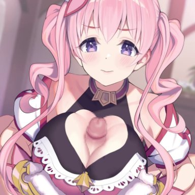 1boy, 1girls, animated, bangs, bare shoulders, beret, big breasts, blush, breast squeeze, breasts, censored, cleavage, cleavage cutout, cum, cum on body