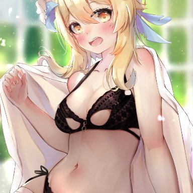 1girls, areola slip, artist request, black bra, black panties, blonde hair, blush, bra, cleavage, flower in hair, genshin impact, hair between eyes, hair ornament, lingerie, looking at viewer