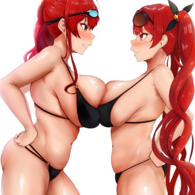 absurdres, ahoge, azur lane, bangs, bikini, bikini bottom, bikini top, black bikini, black ribbon, breast press, breasts, closed mouth, eyebrows visible through hair, eyewear on head, from side