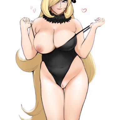 absurdres, areolae, bare hips, black ribbon, black swimsuit, blonde hair, blush, breasts, casual one-piece swimsuit, cleavage, closed mouth, collarbone, creatures (company), cynthia (pokemon), female