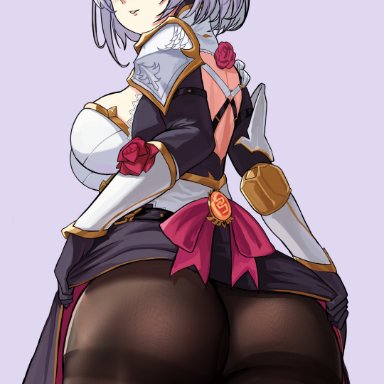 1girls, ass, blue hair, genshin impact, looking back, loooyd, maid, maid headdress, noelle (genshin impact), pantyhose, solo