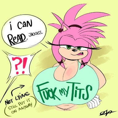 amy rose, anthro, big breasts, breasts, cleavage, clothed, clothing, dialogue, eulipotyphlan, female, green eyes, hair, hedgehog, hi res, huge breasts