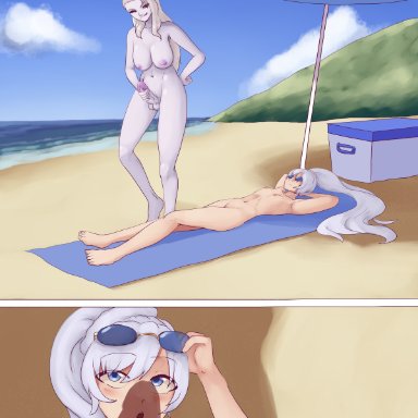 1futa, 1girls, areolae, beach, big breasts, black sclera, blue-tinted eyewear, blue eyes, breasts, duo, erection, female, futanari, glasses, human