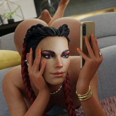 apex legends, ass, breasts, dark-skinned female, female, loba, orange nail polish, phone, solo, steps3d