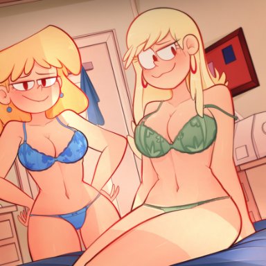 2girls, arkeus, bed, bedroom, big breasts, blonde hair, bra, breasts, busty, cleavage, curvy, duo, earrings, female, female only