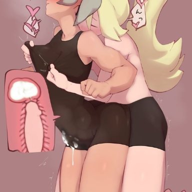 2futas, bea (pokemon), black bodysuit, blonde hair, blush, bodysuit, clothed, clothed sex, clothing, commentary request, cum, cum in clothes, cum through clothes, cum while penetrated, duo