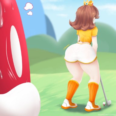 ass, big ass, brown hair, crown, danathegoomba, from behind, golf, golf ball, golf club, king bob-omb, mario golf, nintendo, outside, panties, princess daisy