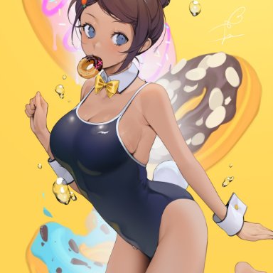 asahina aoi, big breasts, blue eyes, brown hair, cleavage, color, colored, danganronpa, danganronpa: trigger happy havoc, danganronpa 1, doughnut, eating, female, female focus, female only