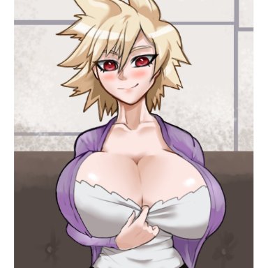 blonde hair, blush, cleavage, dudemcwhy1, female, huge breasts, looking at viewer, milf, mitsuki bakugou, mother, my hero academia, red hair, seductive, shirt, shirt lift