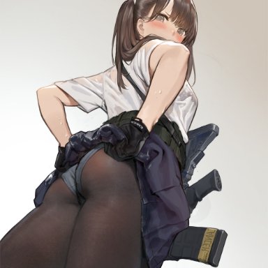 adjusting clothes, ass, assault rifle, bangs, belt, black legwear, blush, brown eyes, brown hair, cancer (zjcconan), commentary request, copyright request, female, from behind, from below