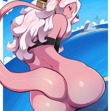 1girls, ahoge, android 21, anus, arm gloves, ass, back view, black sclera, cupcake, dragon ball, dragon ball fighterz, ear piercing, earrings, falkeart, female