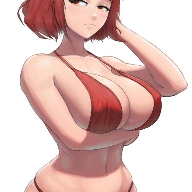 bikini, breast hold, breasts, cleavage, curvy, hand behind head, huge breasts, navel, nintendo, pinup, pose, pyra, red bikini, red eyes, red hair