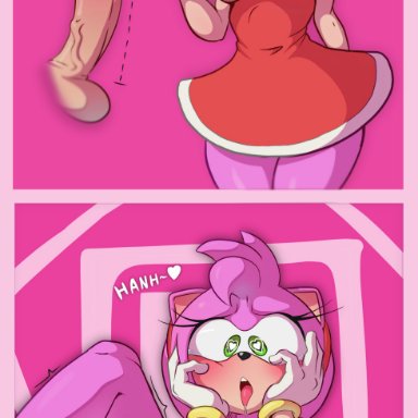 <3 eyes, 2019, 4 fingers, absurd res, accessory, amy rose, anthro, balls, bodily fluids, breasts, clothed, clothing, comic, dialogue, disembodied hand