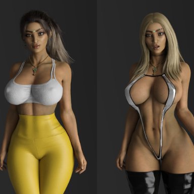 3d, alternate costume, apex legends, big breasts, blonde hair, breasts, brown hair, dark-skinned female, gm studios, green eyes, latex stockings, makeup, nipples, rampart (apex legends), solo