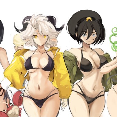 4girls, avatar the last airbender, bikini, black hair, breasts, cleavage, crossover, curvaceous, curvy, earth kingdom, eastern and western character, exhibitionism, female only, hyuuga hinata, light-skinned female