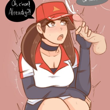 1boy, 1girls, blush, brown hair, clothed, cum, eyebrows visible through hair, handjob, hat, heart-shaped pupils, hikikomori, league of legends, looking at penis, open mouth, pizza delivery sivir