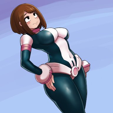 1girls, big breasts, breasts, brown eyes, brown hair, female focus, female only, female superhero, fully clothed, hero outfit(mha), my hero academia, ochako uraraka, short hair, superheroine, tight clothes