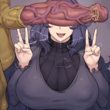 1boy, 1girls, absurd res, anthro, balls, big balls, big breasts, big penis, breasts, clothed female nude male, female, fully clothed, hairband, hex maniac, high resolution