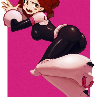 1girl, ass, brown eyes, brown hair, female superhero, hero outfit(mha), my hero academia, ochako uraraka, short hair, superheroine, tight clothing, tight fit, tight pants