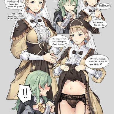 !, !!, 2girls, alternate hair color, ass visible through thighs, black panties, blonde hair, blue eyes, blush, byleth (fire emblem), byleth (fire emblem) (female), clothes lift, dress, dress lift, english text