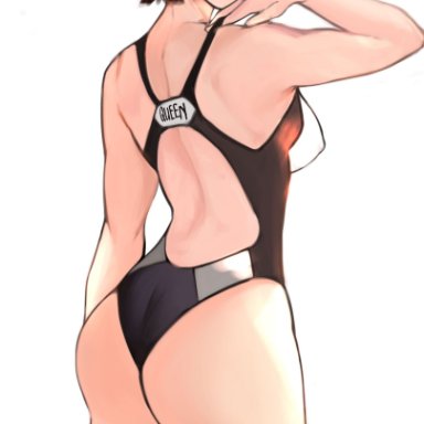 1girl, alternate costume, ass, brown eyes, brown hair, female, makoto niijima, nero watch, nipples visible through clothing, one-piece swimsuit, persona, persona 5, sideboob, solo, swimsuit