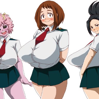 3girls, big breasts, clothing, female only, fully clothed, hi res, huge breasts, mina ashido, momo yaoyorozu, my hero academia, ochako uraraka, sacaprico, sagging breasts, school uniform, schoolgirl