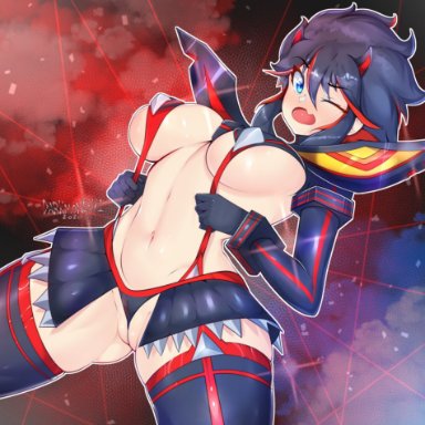 1girls, big breasts, blue eyes, breasts, cameltoe, curvy, cute fang, darkmoney1, female, female only, gloves, kill la kill, matoi ryuuko, medium hair, one eye closed