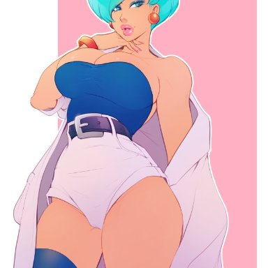 1girls, belt, blue eyes, blue hair, breasts, breasts, breasts, bulma briefs, bulma briefs, clothed, clothing, dragon ball, dragon ball super, dragon ball z, eyeshadow