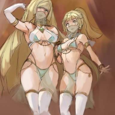 2girls, alternate costume, arabian clothes, blonde hair, daughter, female, female only, jewelry, lillie (pokemon), long hair, lusamine (pokemon), mother, mother and daughter, panties, pokemon