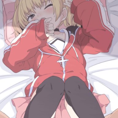 1boy, animated, animated, bed, black legwear, blonde hair, blue archive, censored, clothed sex, commentary request, female, halo, highres, looking at viewer, penis