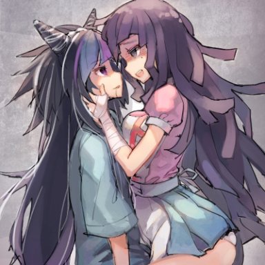 2girls, apron, bandages, black hair, blank eyes, danganronpa, female, gebyy-terar, horns, long hair, mioda ibuki, mole, mole under eye, multicolored hair, multiple girls