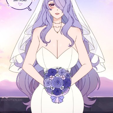 1girls, alternate costume, bare shoulders, blush, bouquet, bridal veil, bride, camilla (fire emblem), cleavage, collarbone, cryptid crab, english text, fire emblem, fire emblem: three houses, fire emblem fates
