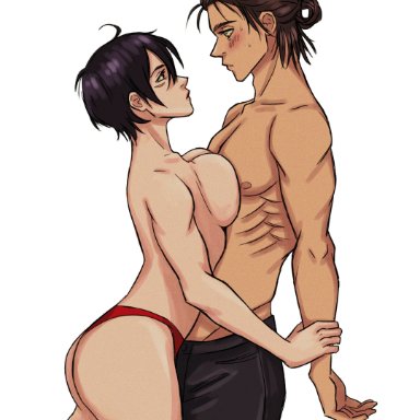 abs, asian female, attack on titan, big ass, big breasts, big butt, black hair, blush, blush, breast squeeze, breasts, brown hair, clothed, clothes, eren jaeger