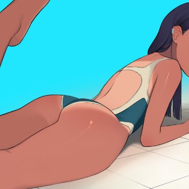 1girls, ass, cute fang, grin, hayase nagatoro, legs up, looking back, on stomach, one piece swimsuit, panapana, please don't bully me, nagatoro, school swimsuit, solo, swimsuit, tan