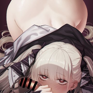 1boy, ass, azur lane, bangs, bar censor, black nails, black ribbon, blush, bottomless, censored, earrings, eyebrows visible through hair, fellatio, female, fingernails