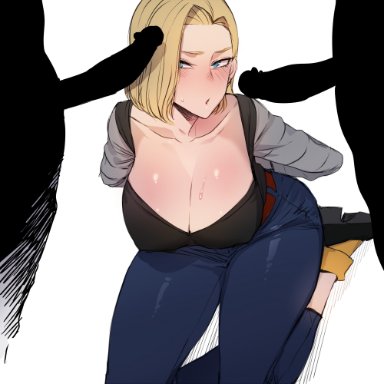 2boys, android 18, black footwear, black vest, blonde hair, blue eyes, blue pants, blush, bob cut, bound, bound wrists, breasts, denim, dragon ball, dragon ball z